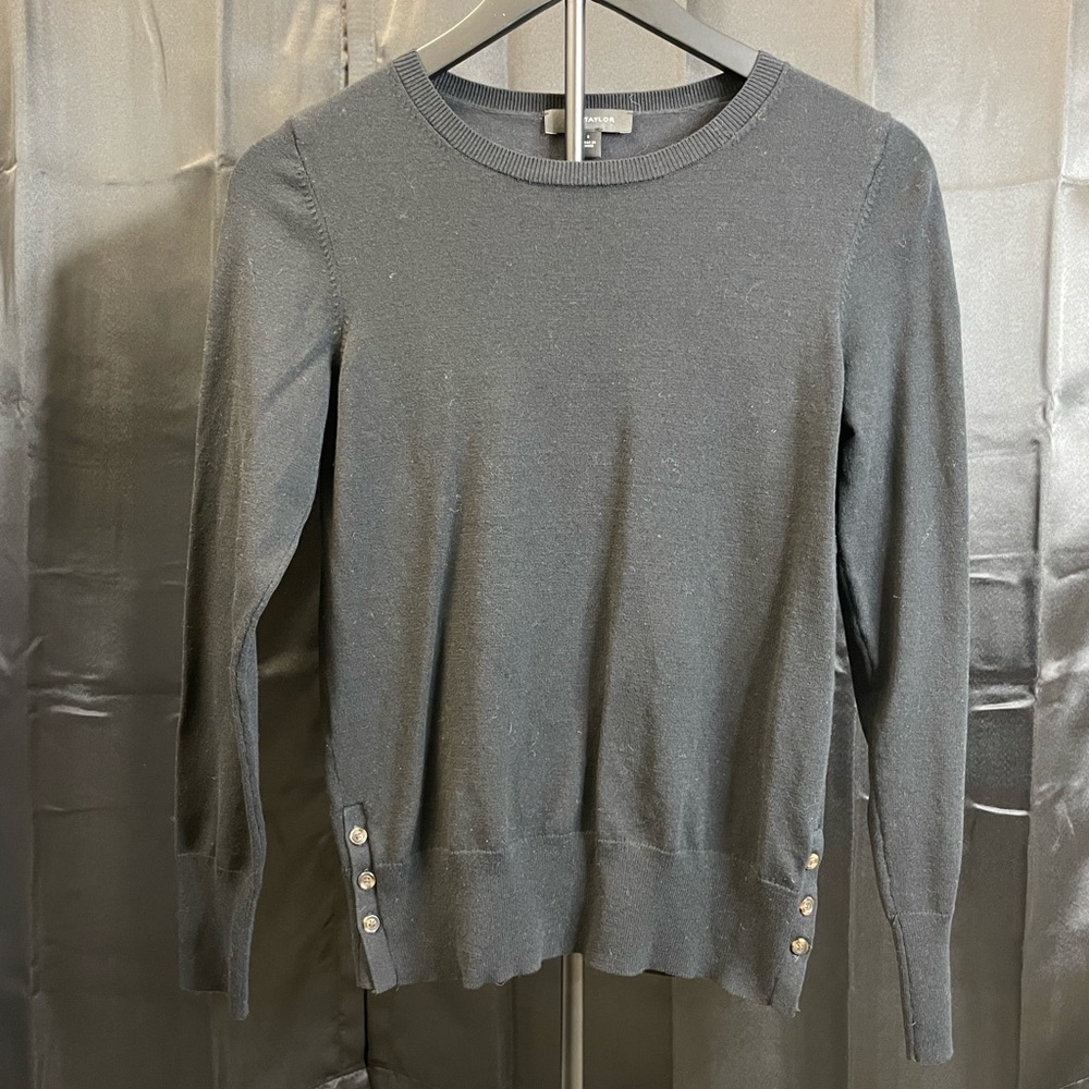 Ann Taylor Black Crew Neck Sweater with Button Accents